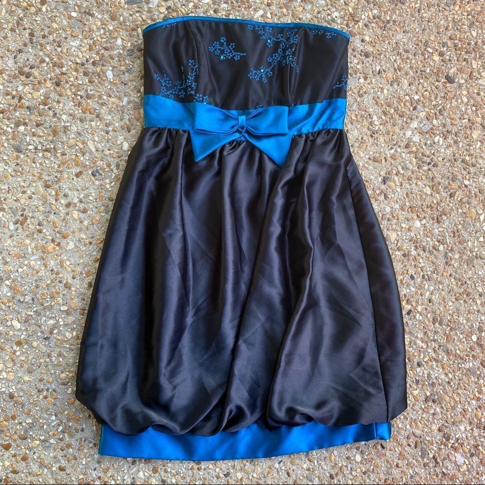 VTG Retro Jessica McClintock Gunne Sax Black Blue Front Bow Bubble Skirt Dress 5
